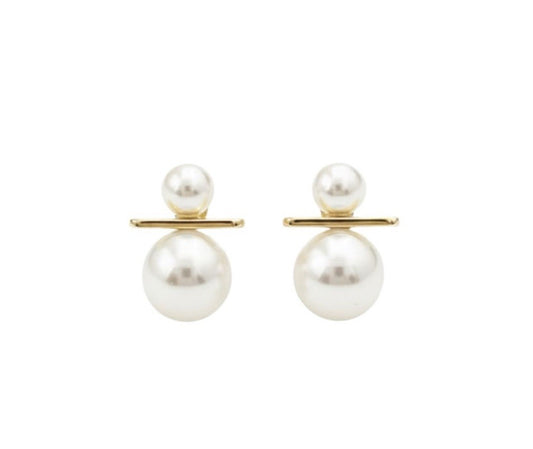 Gold Plated Sterling Silver Bar & Double Pearls Stud Earrings0