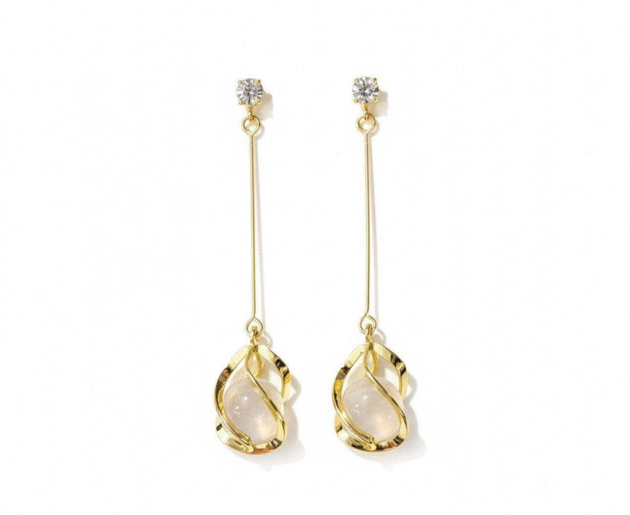 Long Dangle Gold Plated Drop Cats Eye Stone Earrings 0