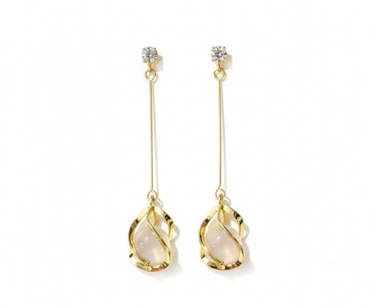 Long Dangle Gold Plated Drop Cats Eye Stone Earrings 0