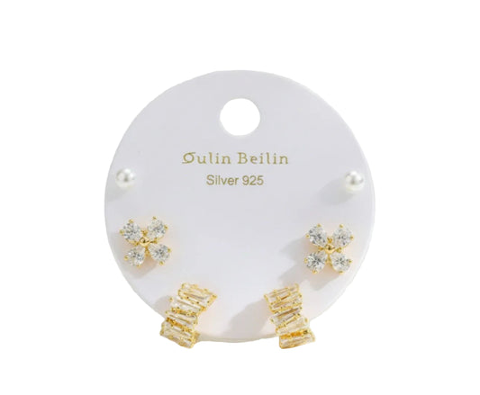Gold Plated Coppe & 925 Sterling Silver Cubic Zirconia Floral Earrings Stud Set0