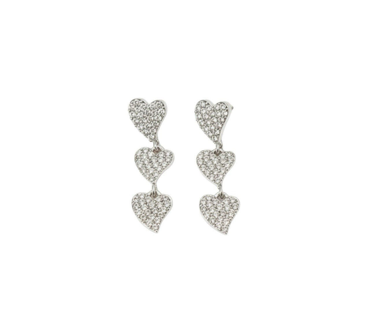 Silver Tone Pave Rhinestones Triple Heart Cubic Zirconia Drop Earrings0