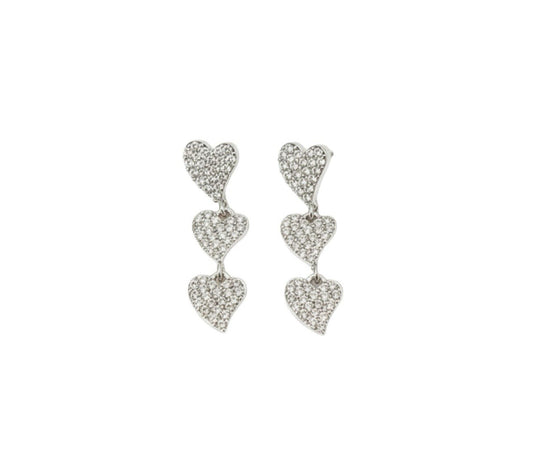 Silver Tone Pave Rhinestones Triple Heart Cubic Zirconia Drop Earrings0