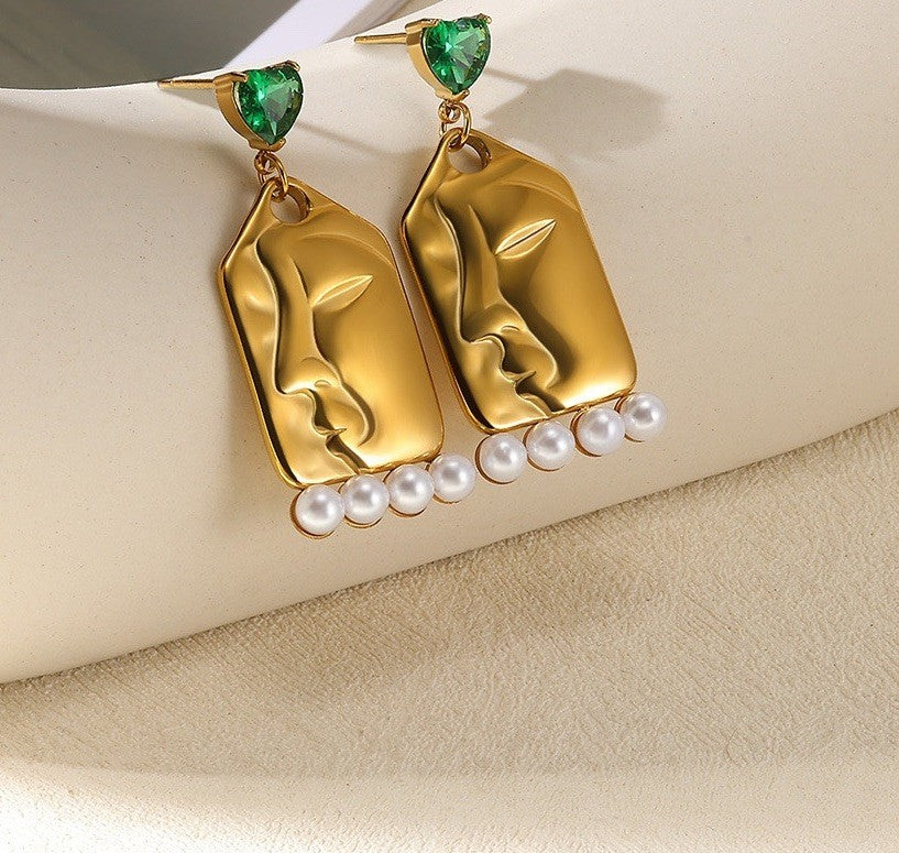 Gold Plated Stainless Steel Green Cubic Zirconia And Pearls Face Drop Earrings2