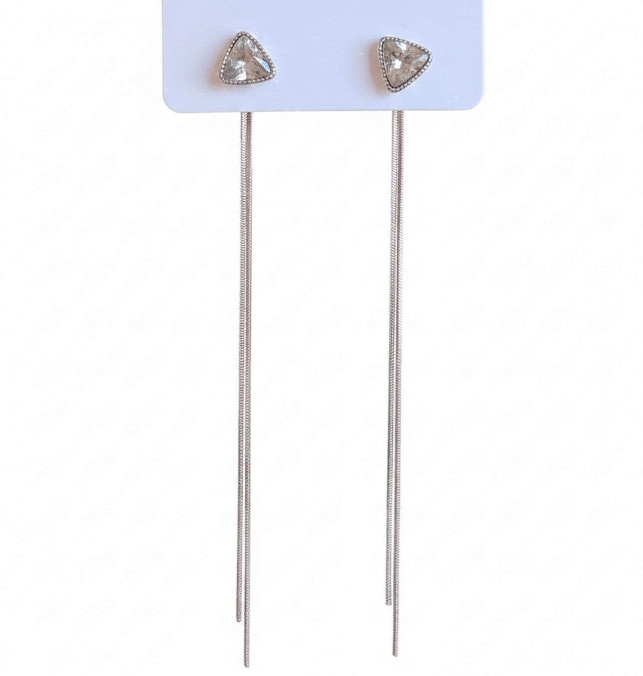 Lone Silver Tone Earrings Triangle Cubic Zirconia Stone Dangle2