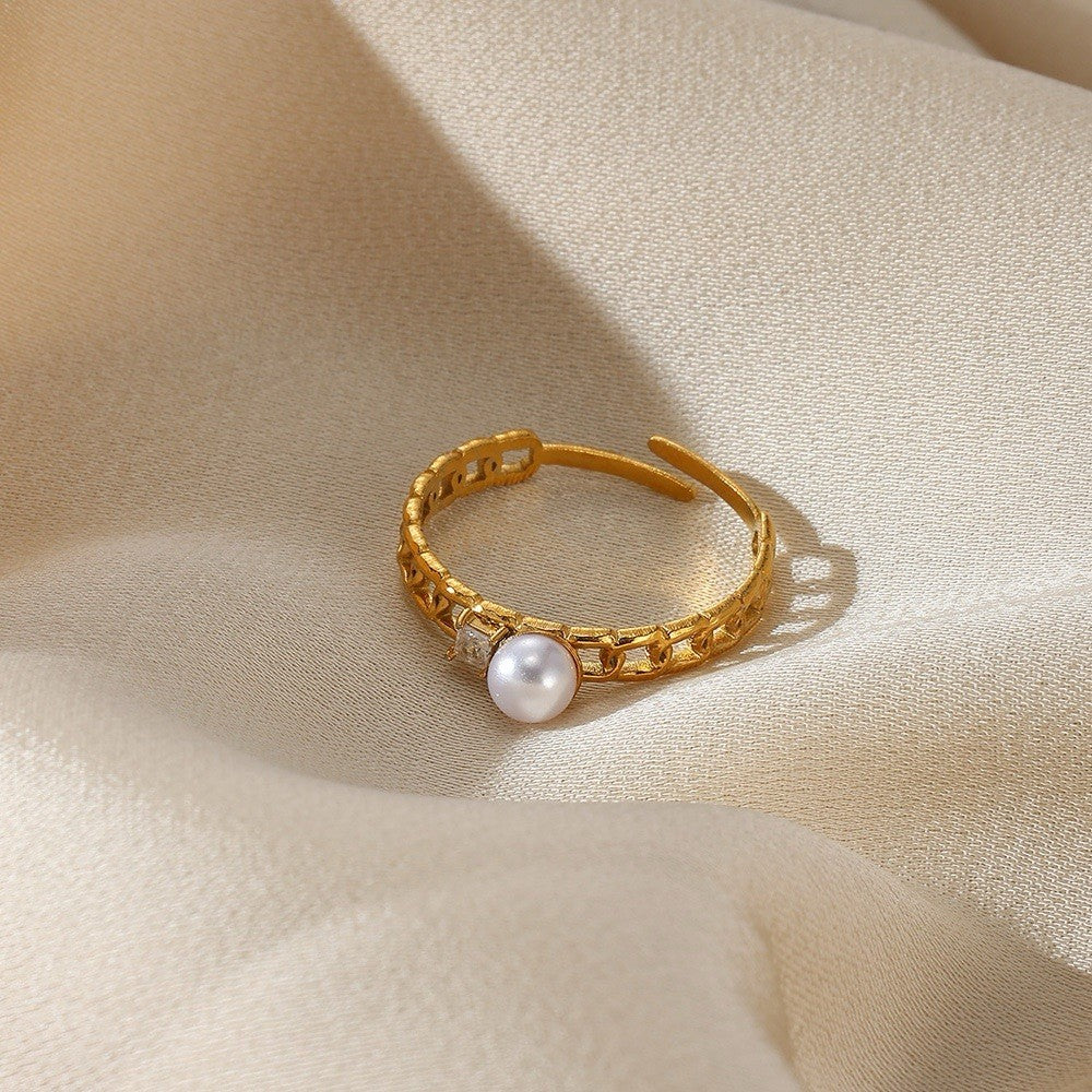 Gold Stainless Steel Pearl And Cubic Zirconia Adjustable Chain Style Ring1