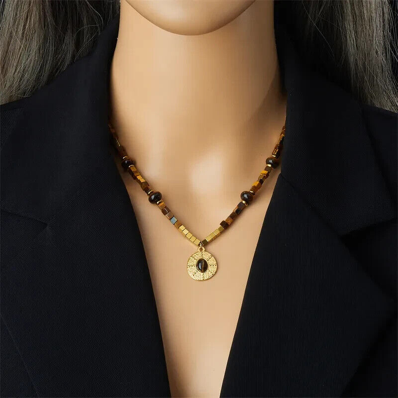 Brown And Gold Stainless Steel Beaded Tiger Eye Stones Pendant Necklace
