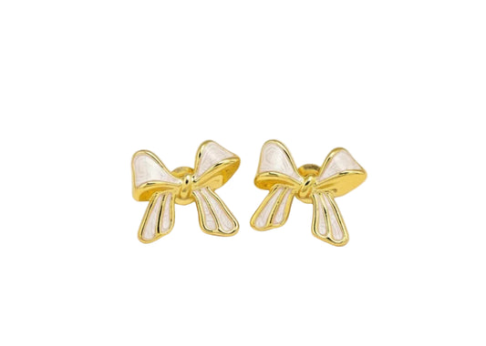 Stainless Steel Bow Earrings Gold White Enamel Cute Danity Studs 0