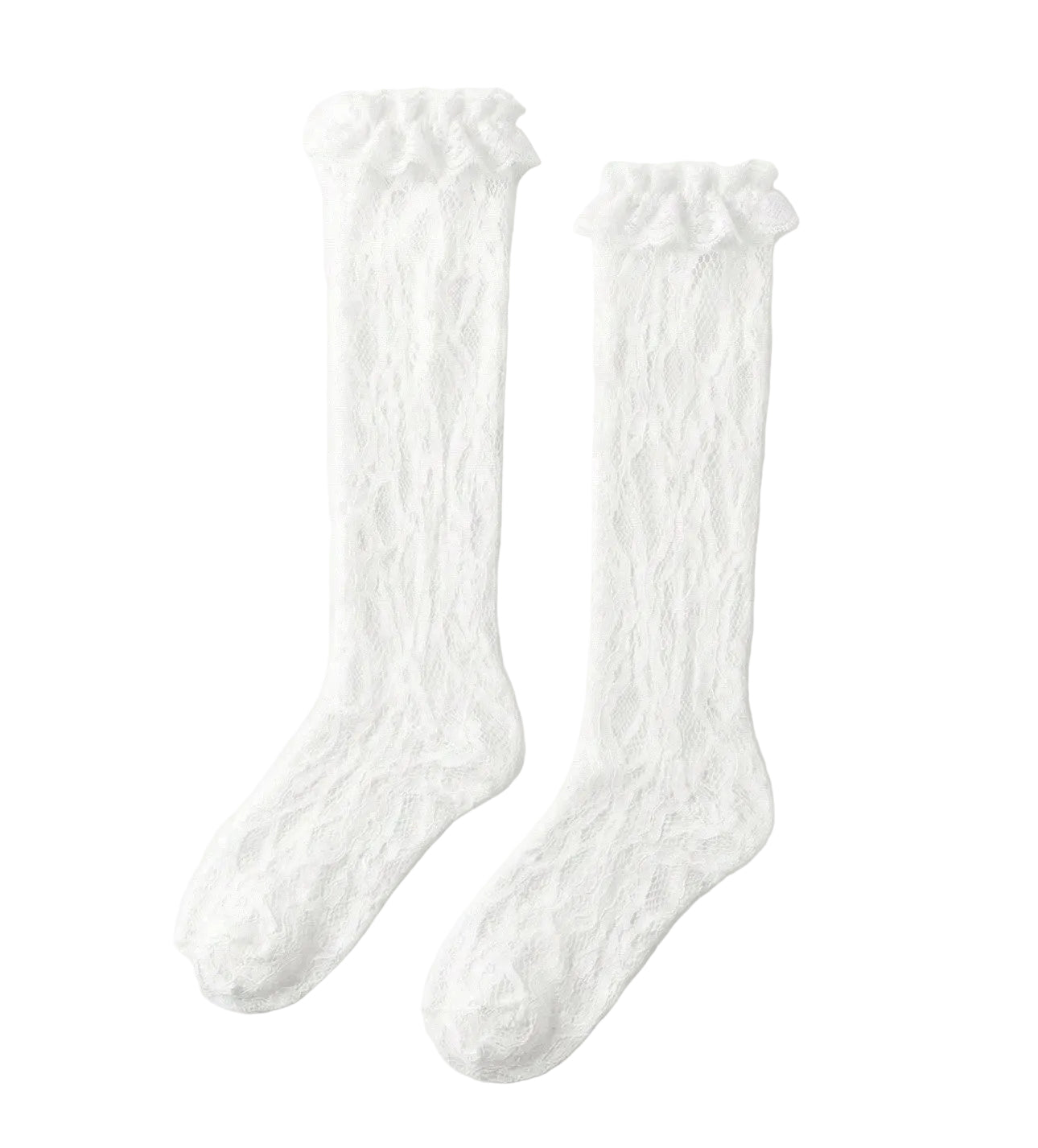 White Soft Polyester Floral Lace Ruffle Women Over The Calf Socks0