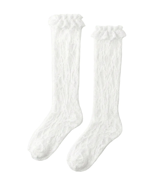 White Soft Polyester Floral Lace Ruffle Women Over The Calf Socks0