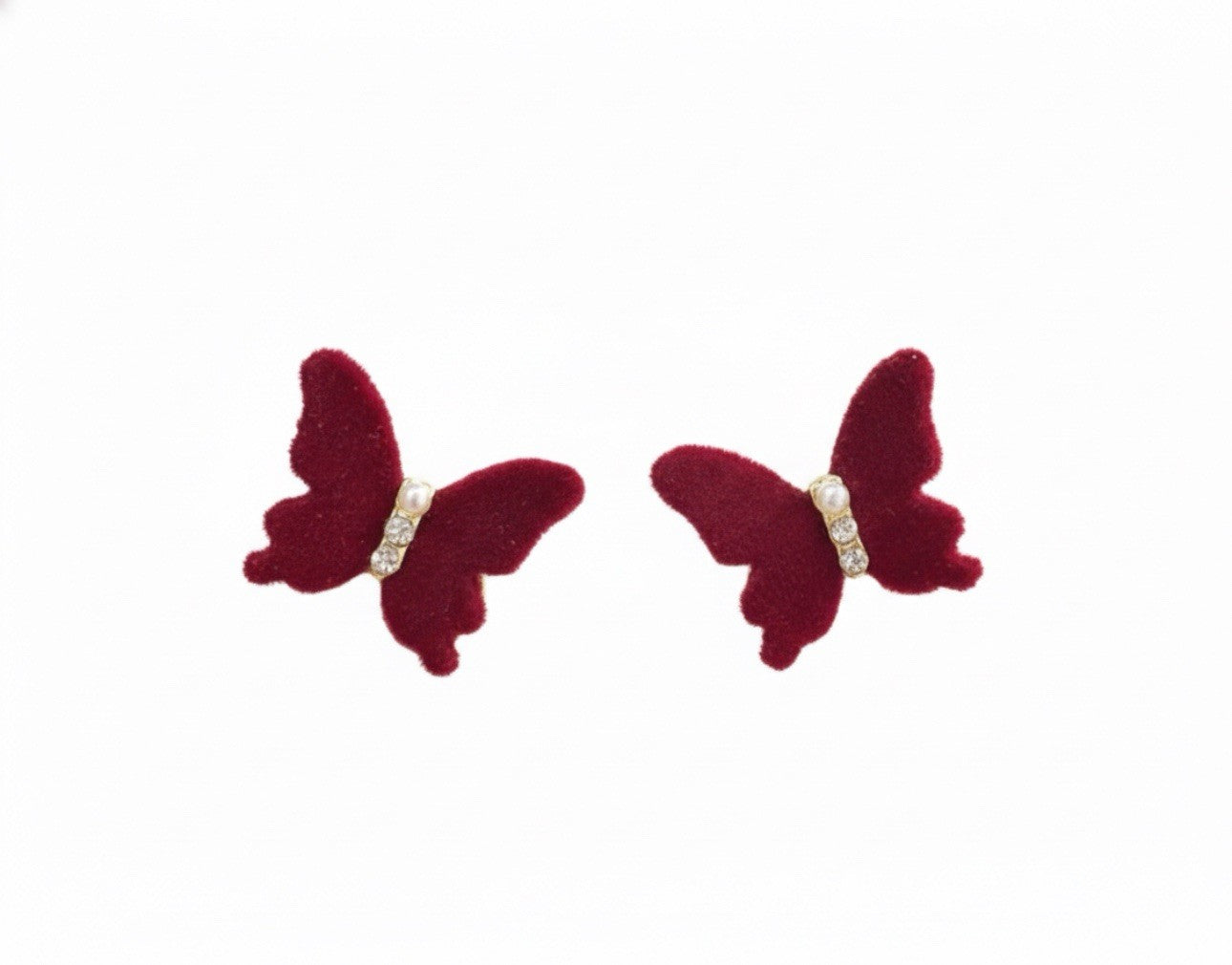 Red Velvet Gold Tone Small Pearl Rhinestones Butterfly Stud Earrings1