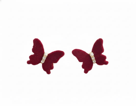 Red Velvet Gold Tone Small Pearl Rhinestones Butterfly Stud Earrings1