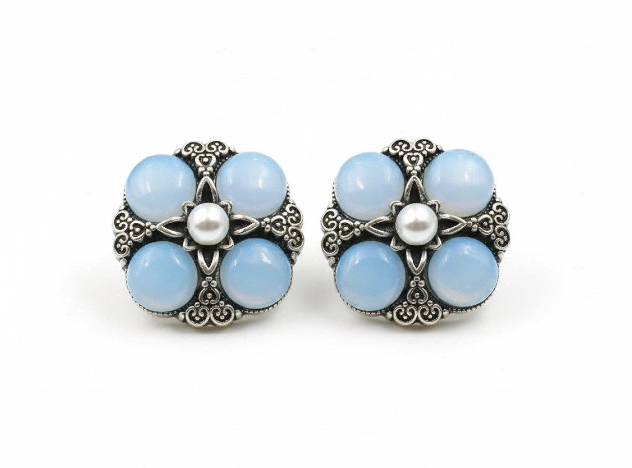 Victorian Style Silver Filigree Blue & Pearl Glass Stones Square Stud Earrings0
