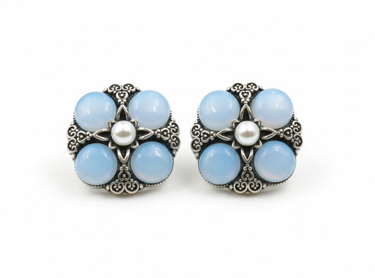 Victorian Style Silver Filigree Blue & Pearl Glass Stones Square Stud Earrings0