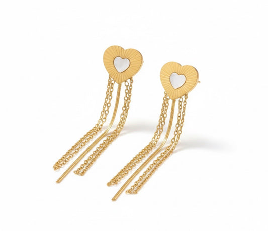 Gold Plated Stainless Steel Heart Tassels Dangle Long Drop Earrings0