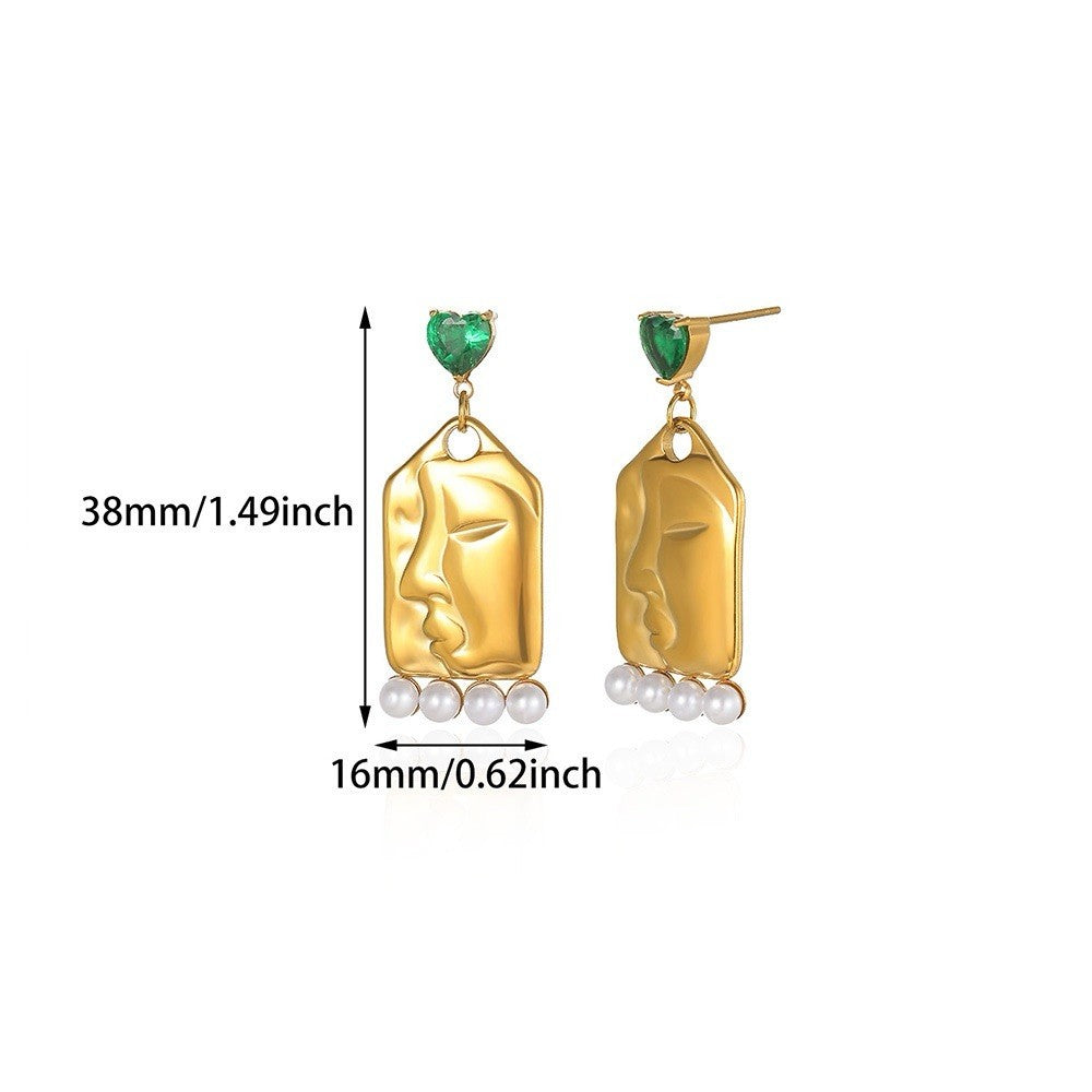 Gold Plated Stainless Steel Green Cubic Zirconia And Pearls Face Drop Earrings1