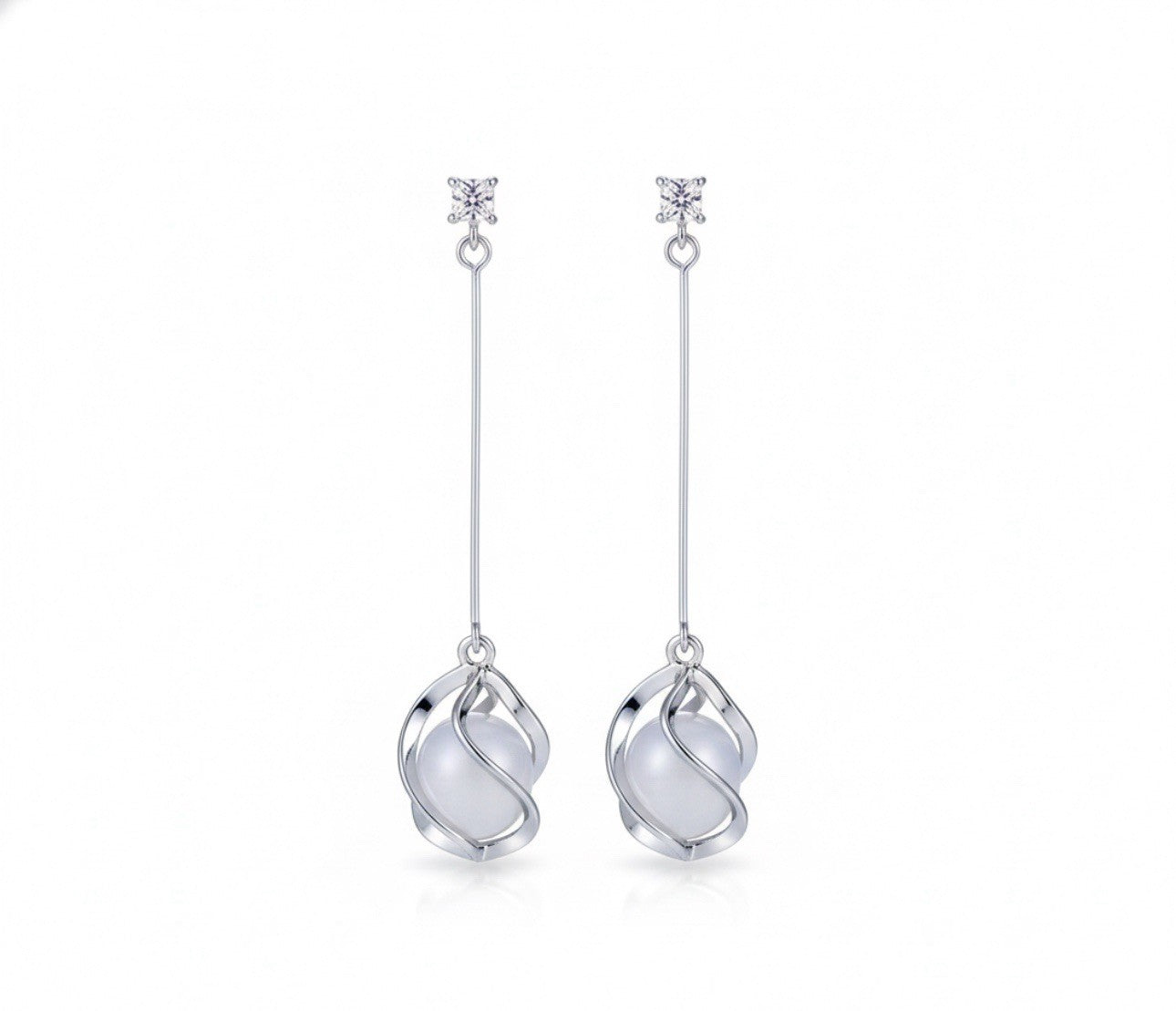 Long Dangle Silver Plated Drop Cats Eye Stone Earrings0
