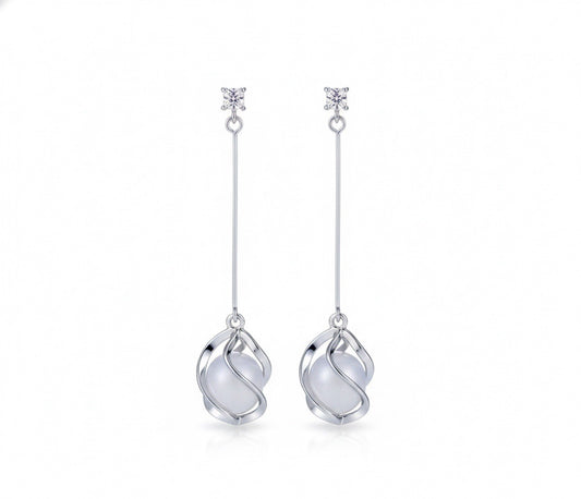 Long Dangle Silver Plated Drop Cats Eye Stone Earrings0