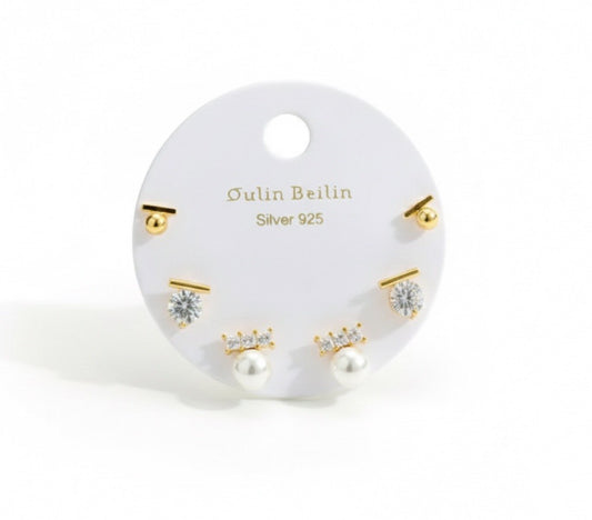 Gold Plated Coppe & 925 Sterling Silver Cubic Zirconia Pearl Earrings Stud Set0