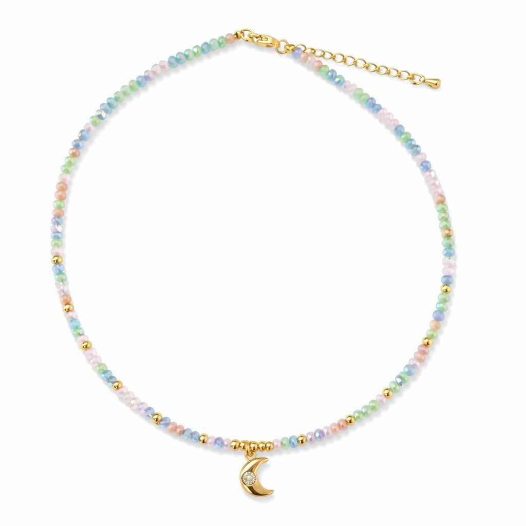 Handmade Multicoloured Beaded Charm Necklace Gold Moon Pendant Jewelry0
