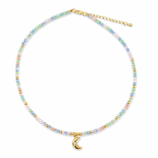 Handmade Multicoloured Beaded Charm Necklace Gold Moon Pendant Jewelry0