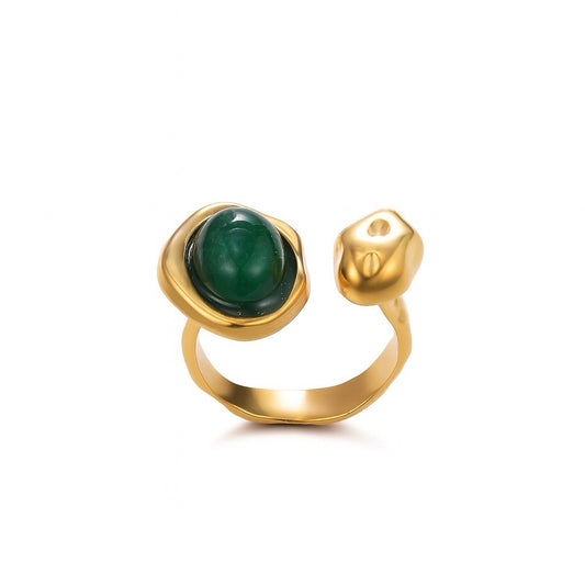Gold Plated Stainless Steel Green Gemstone Open Adjustable Ring0