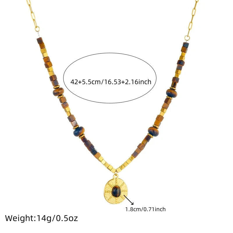 Brown And Gold Stainless Steel Beaded Tiger Eye Stones Pendant Necklace