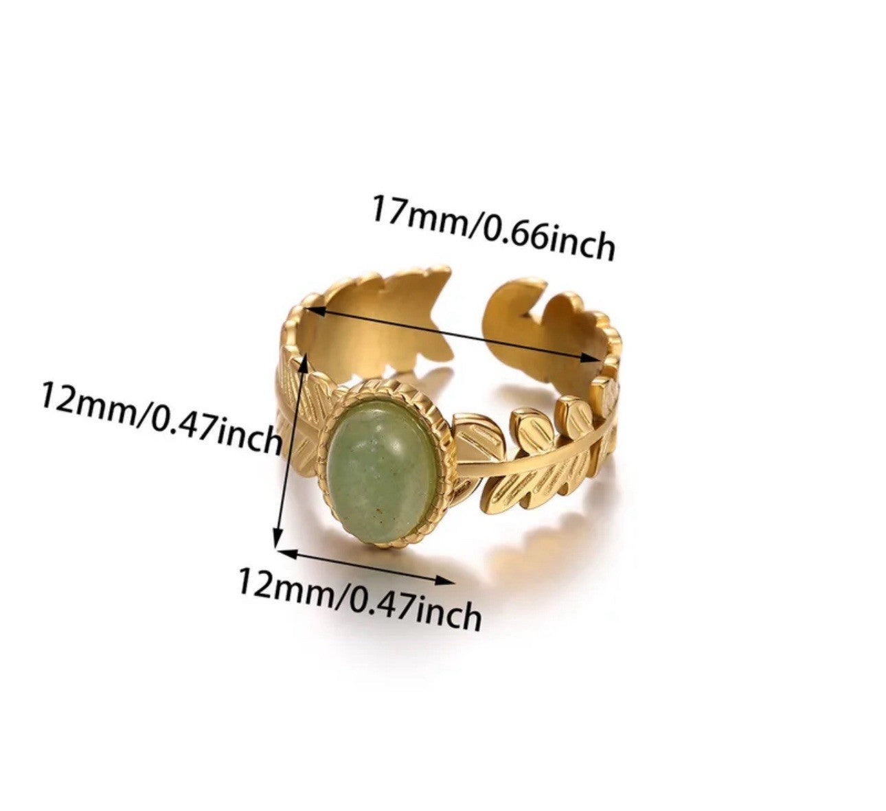 Gold Plated Stainless Steel Green Oval Gemstone Open Adjustable Leaves Ring1