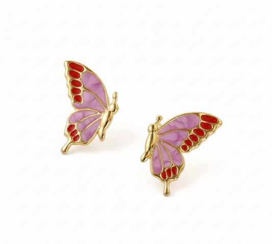 Gold Stainless Steel Pink Red Enamel Butterfly Stud Earrings0