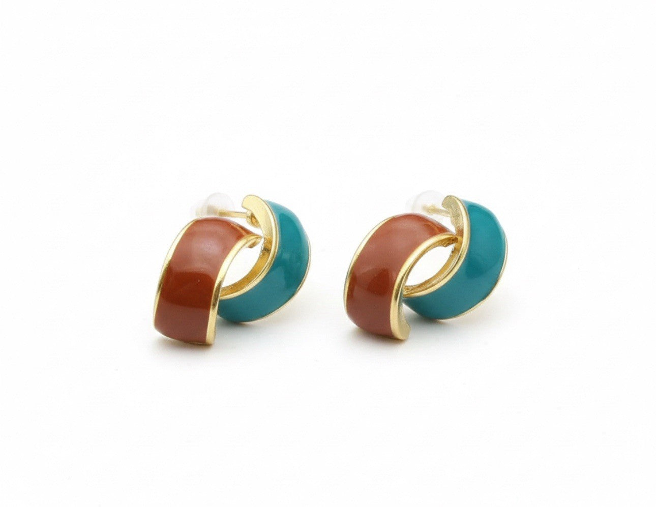 Teal Blue & Brown Vintage 80’s Style Interlocking Enamel Stud Earrings0