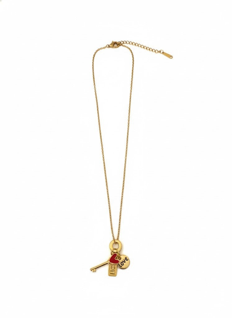 Gold Stainless Charm Necklace Heart Key & Love Tag Pendant Jewelry Gift for Her0