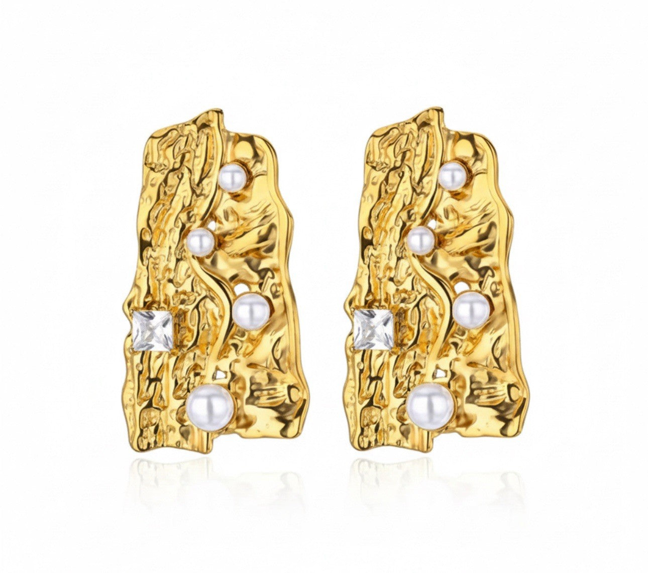 Textured Gold Plated Stainless Steel Crinkle Pearls Dangle Drop Earrings0