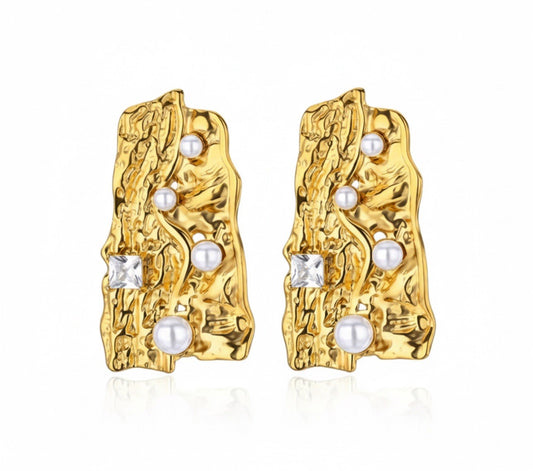 Textured Gold Plated Stainless Steel Crinkle Pearls Dangle Drop Earrings0