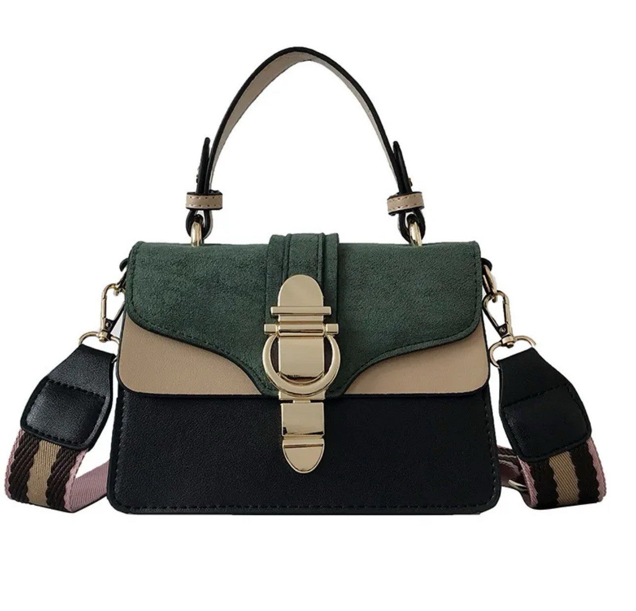 Green Black And Beige Faux Leather Crossbody/ Purse Handbag0