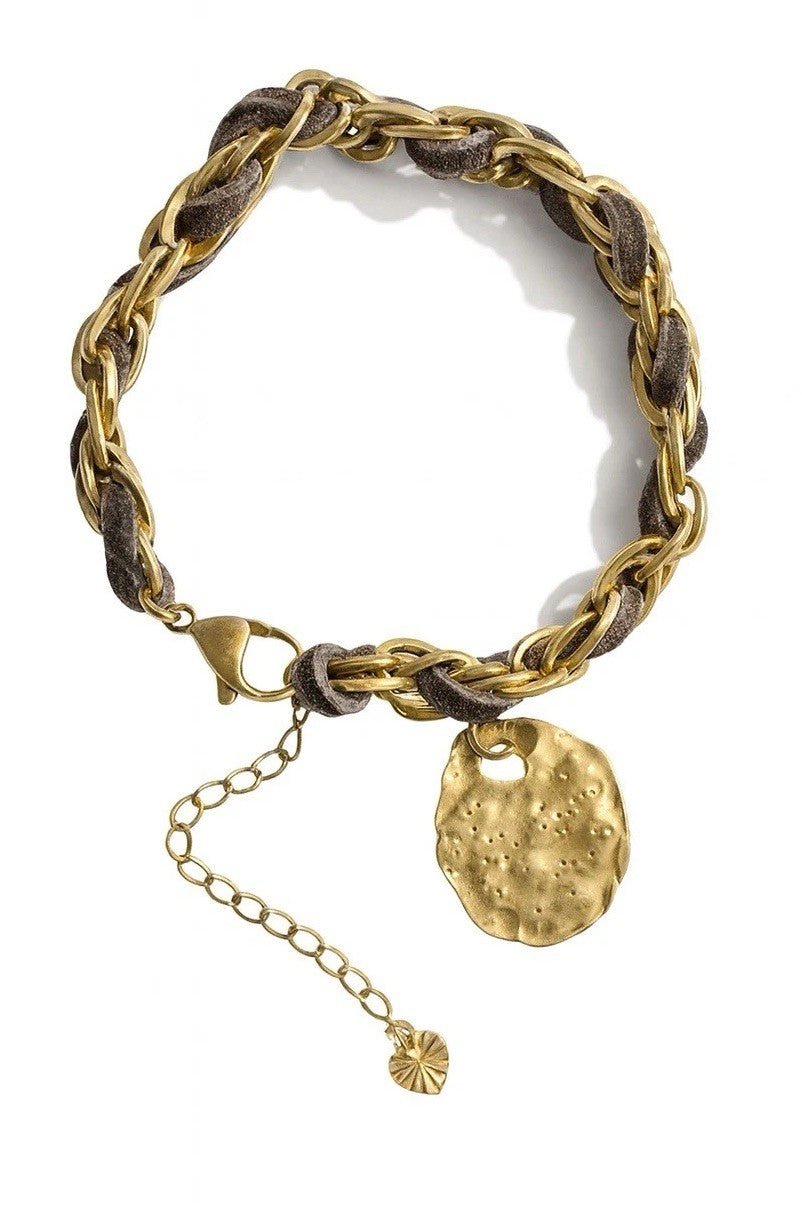 Handmade Gold Plated Stainless Steel Weaved Brown Faux Suede Charm Bracelet0