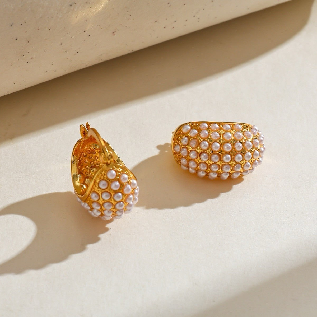 Gold Plated Curved Pearls Hoop Drop Earrings1