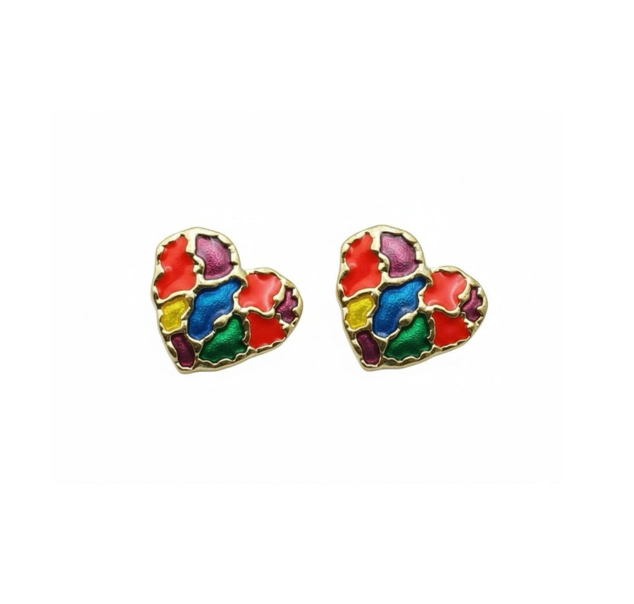 Gold Tone Heart Stained Glass Enamel Colourful Stud Retro Style Earrings0