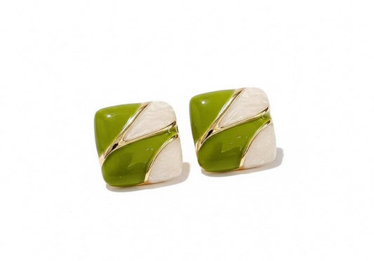 Gold Tone Green Enamel Resin Square Women Girl Fashion Accessory Stud Earrings0
