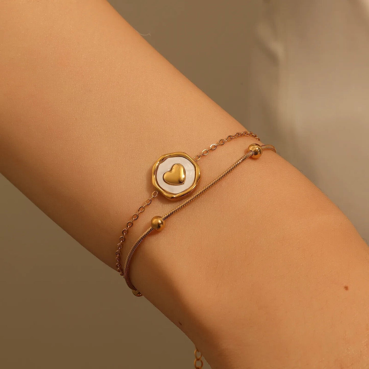 Gold Titanium Steel And White Enamel Heart Charm Double Chain Bracelet