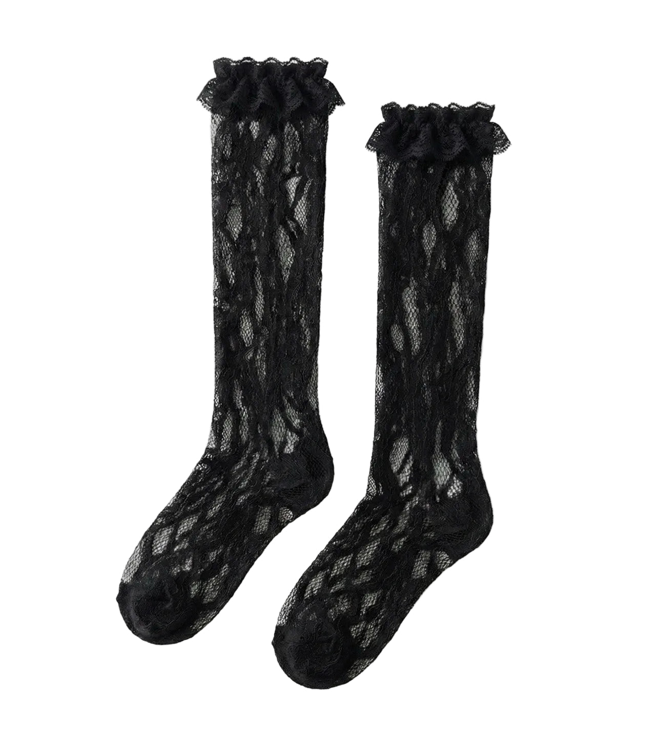 Black Soft Polyester Floral Lace Ruffle Women Over The Calf Socks0