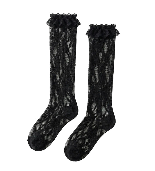 Black Soft Polyester Floral Lace Ruffle Women Over The Calf Socks0