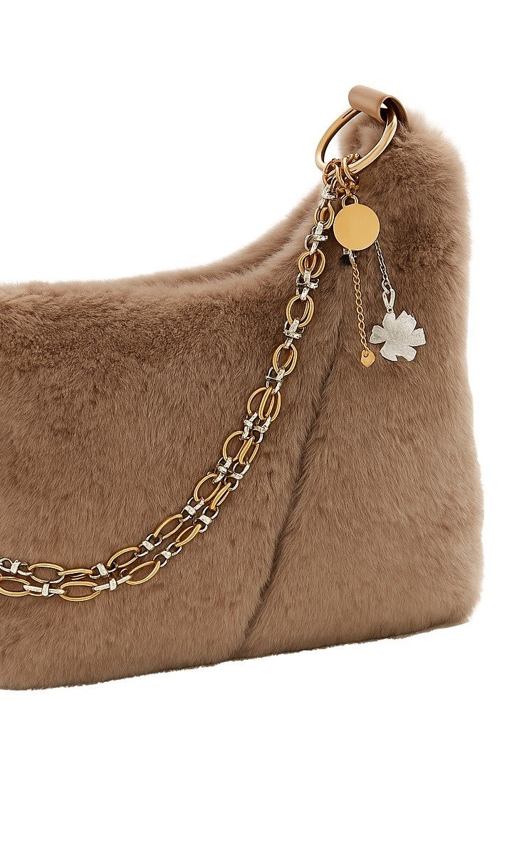 Beige Handmade Faux Fur Shoulder Chains And Semi Precious Stone Charm Purse1