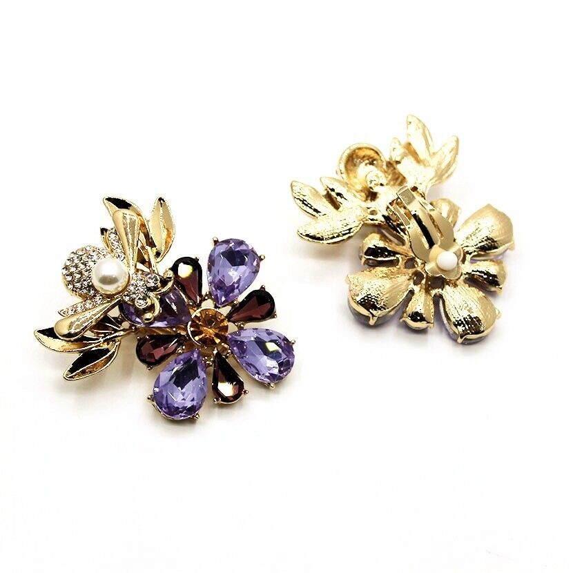 Clip on Statement Bee Gemstone Rhinestone Purple, Bee Earring