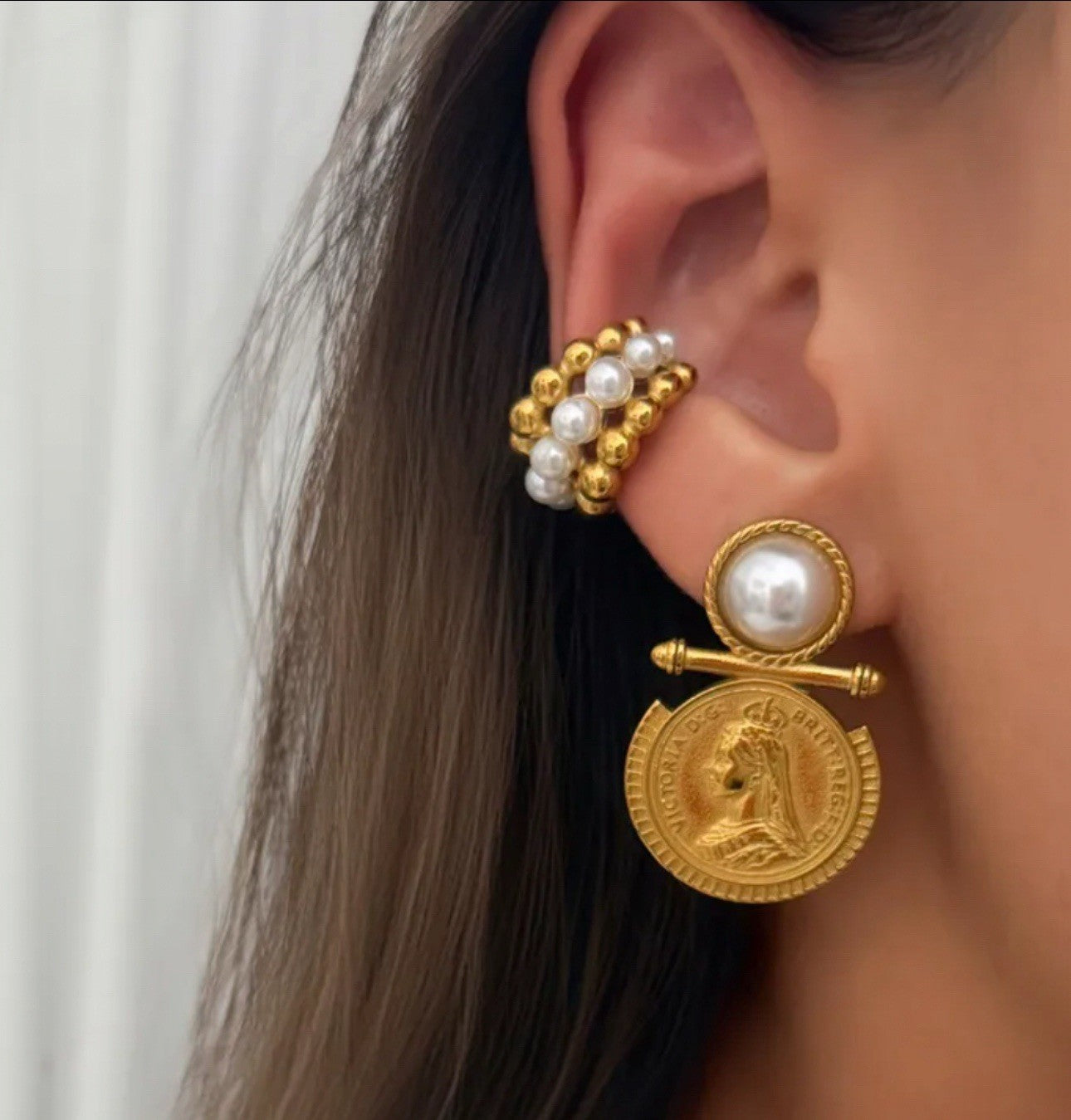 Gold Plated Titanium Steel Vintage Victorian Style Coin Pearl Dangle Earrings1