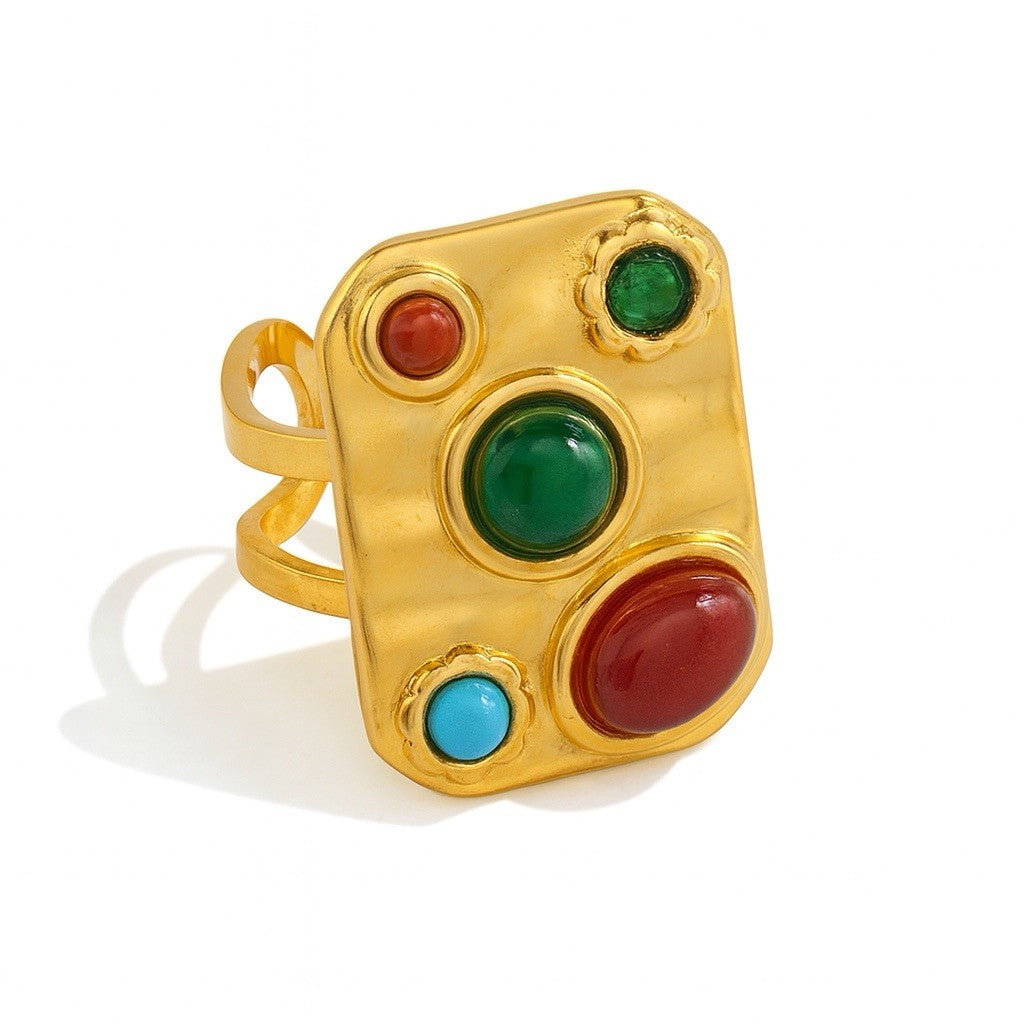 Gold Plated Stainless Steel Multicoloured Stones Adjustable Rectangular Ring1