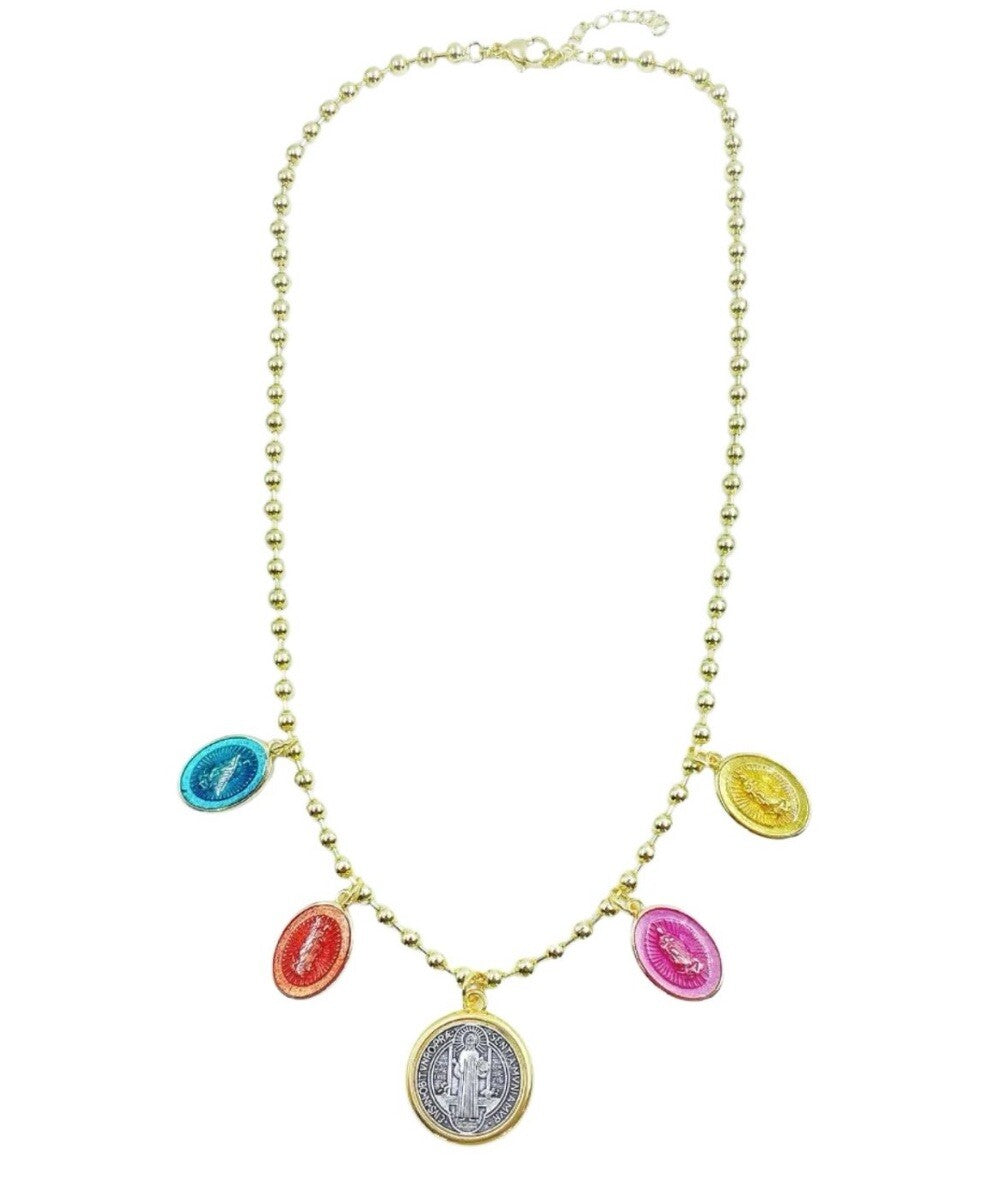 Gold Plated St Benedict And Virgin Mary Multicolored Pendants Retro Necklace1