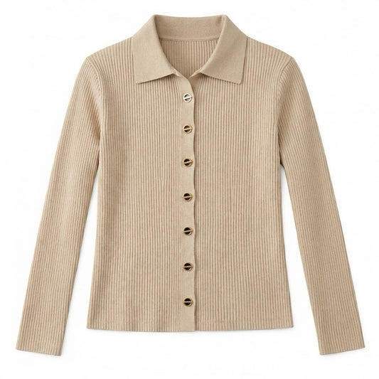 Beige Ribbed Gold Button Hooks Women’s Elegant Sweater Size S0