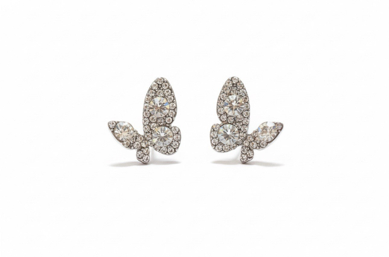 Silver Tone Pave Sparking Rhinestones Cubic Zirconia Butterfly Stud Earrings0