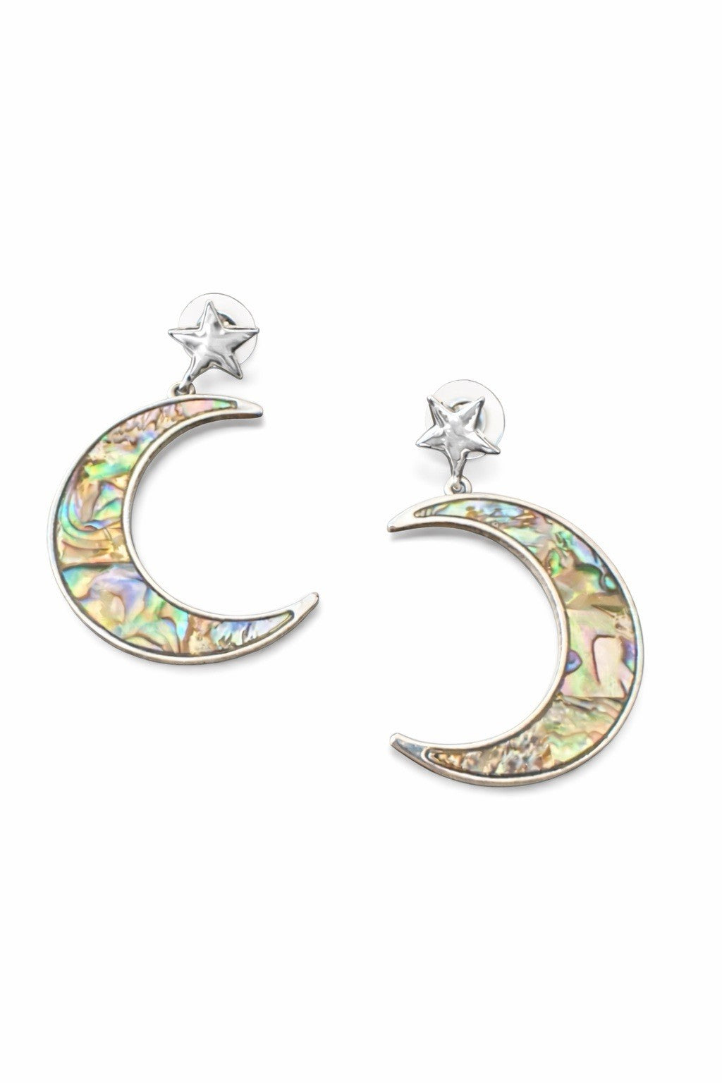 Iridescent Abalone Moon Star Dangle Earrings Silver Celestial Statement0