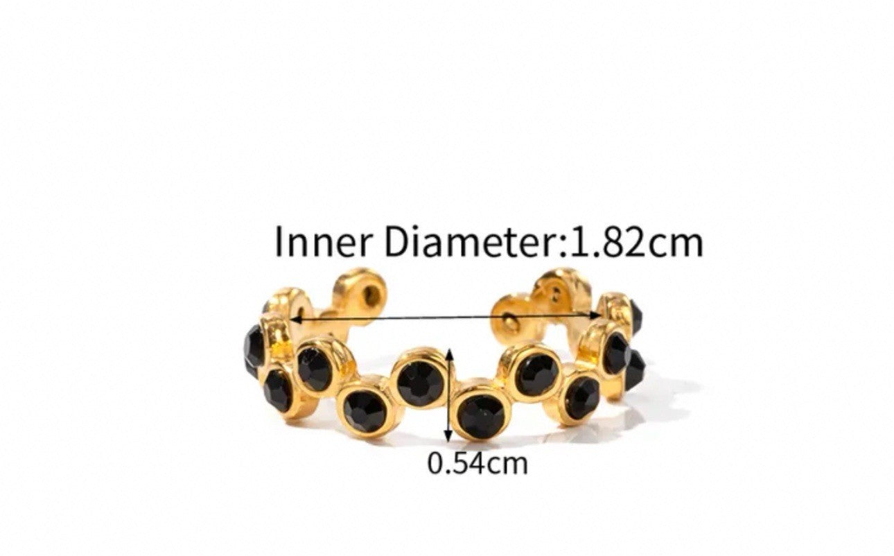 Gold Stainless Steel Black Cubic Zirconia Scalloped Adjustable Wave Stack Ring1