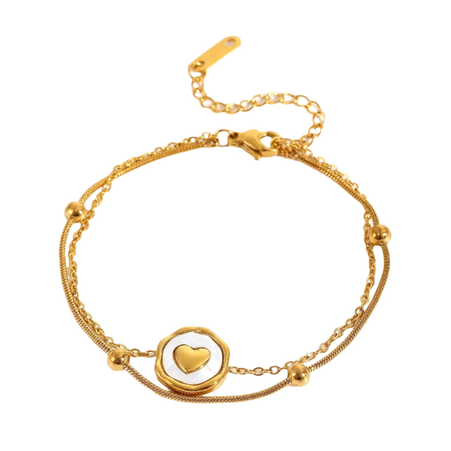 Gold Titanium Steel And White Enamel Heart Charm Double Chain Bracelet